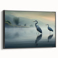 Framed canvas wall art showcasing a serene heron and egret design, set against a black background, ideal for enhancing modern home decor.
