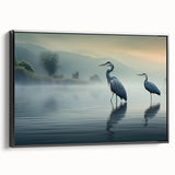 Framed canvas wall art showcasing a serene heron and egret design, set against a black background, ideal for enhancing modern home decor.
