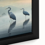 Close-up of a framed canvas wall art featuring a heron and egret design, showcasing intricate details and vibrant colors, ideal for nature-inspired decor.