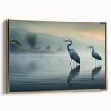 Framed wall art featuring a serene heron and egret design on a gold background, showcasing elegant birds in a peaceful setting. Ideal for nature-inspired decor.