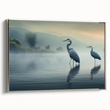 Framed wall art depicting a serene heron and egret design on canvas, featuring a sleek silver frame, perfect for enhancing modern interiors with nature-inspired decor.