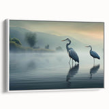 Framed wall art featuring a heron and egret design on a white background, showcasing elegant bird silhouettes for modern home decor. Perfect for nature lovers.