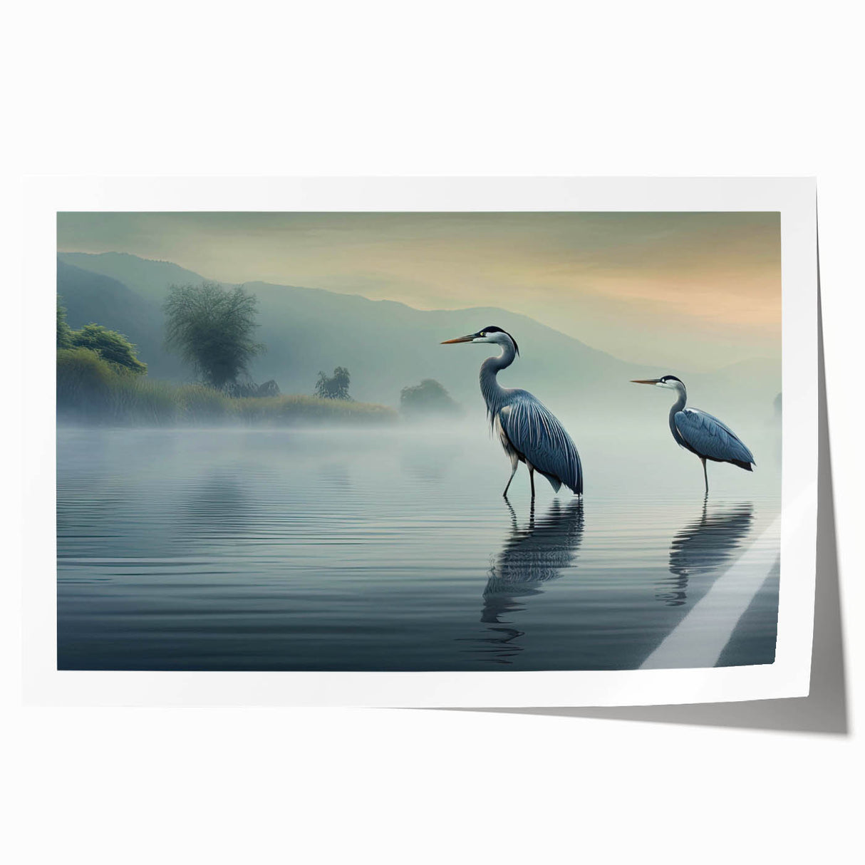 Elegant wall art print featuring a serene heron and egret design, showcasing intricate details and soft colors, perfect for home decor or office spaces.