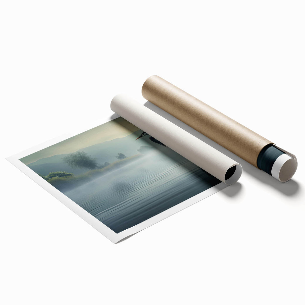Elegant rolled print showcasing a heron and egret design in a serene natural setting, perfect for enhancing home decor with a touch of wildlife artistry.