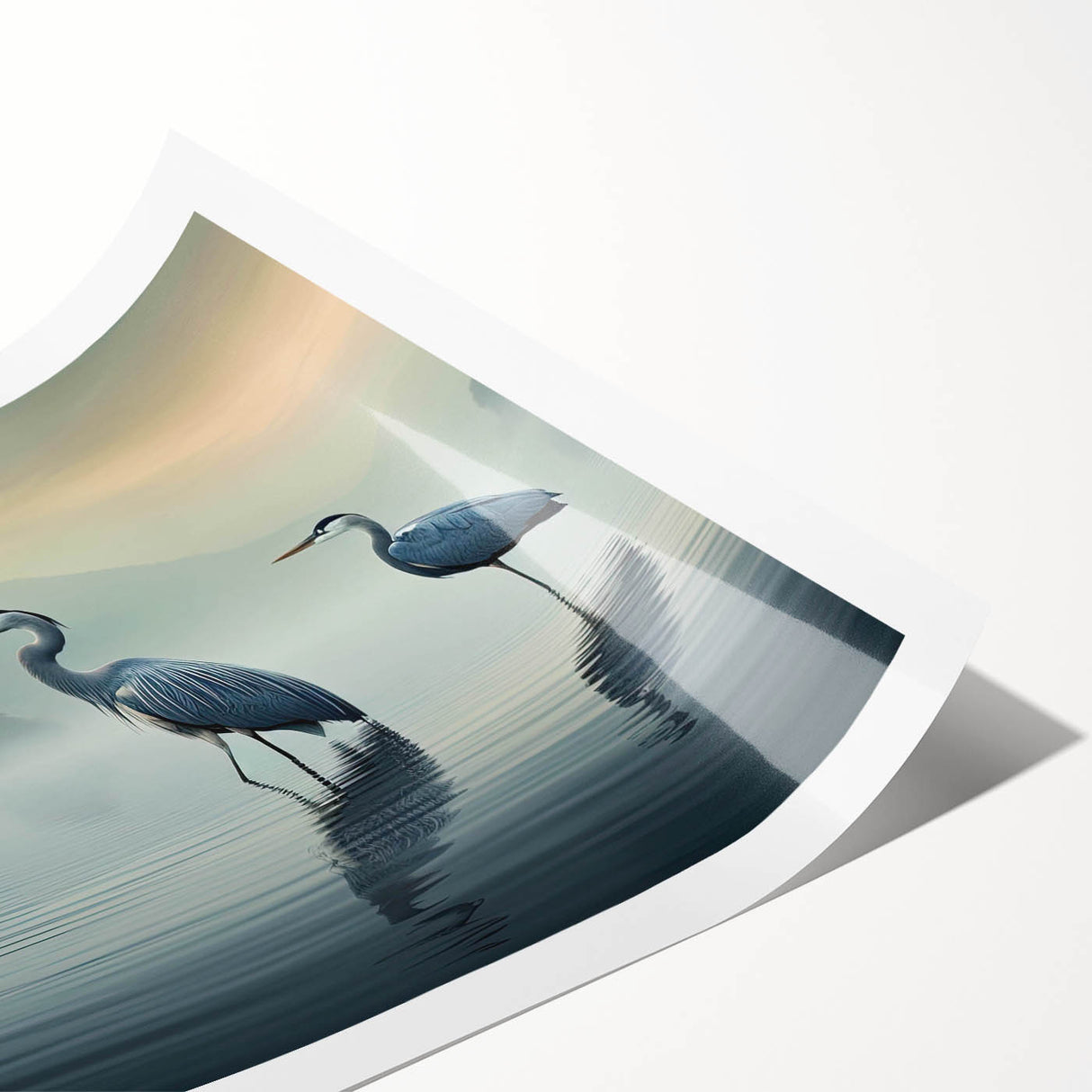 Elegant wall art print showcasing a heron and egret in a serene natural setting, ideal for home decor. Features vibrant colors and intricate details, rolled for easy display. Perfect for bird lovers and nature enthusiasts.