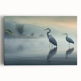Stretched canvas wall art featuring a serene heron and egret design in soft blue and green hues, perfect for enhancing coastal home decor.