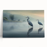 Elegant wall art featuring a heron and egret design on a stretched canvas, showcasing vibrant colors and intricate details, perfect for enhancing home decor.