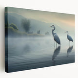 Stretched canvas wall art depicting a serene scene of herons and egrets in soft colors. Ideal for nature lovers, it adds elegance to any home decor.