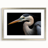 Framed wall art featuring a serene heron and egret design in silver matting, showcasing elegant bird illustrations ideal for home decor. Perfect for nature enthusiasts and modern interiors.