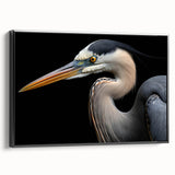 Framed wall art featuring a heron and egret design on a black background, showcasing intricate details and textures, ideal for enhancing modern decor.