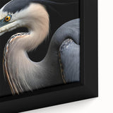 Elegant close-up of a framed wall art piece showcasing a heron and egret design, featuring intricate details and a vibrant color palette, perfect for enhancing home decor. Ideal for bird lovers and art enthusiasts, this canvas adds a serene touch to any living space.