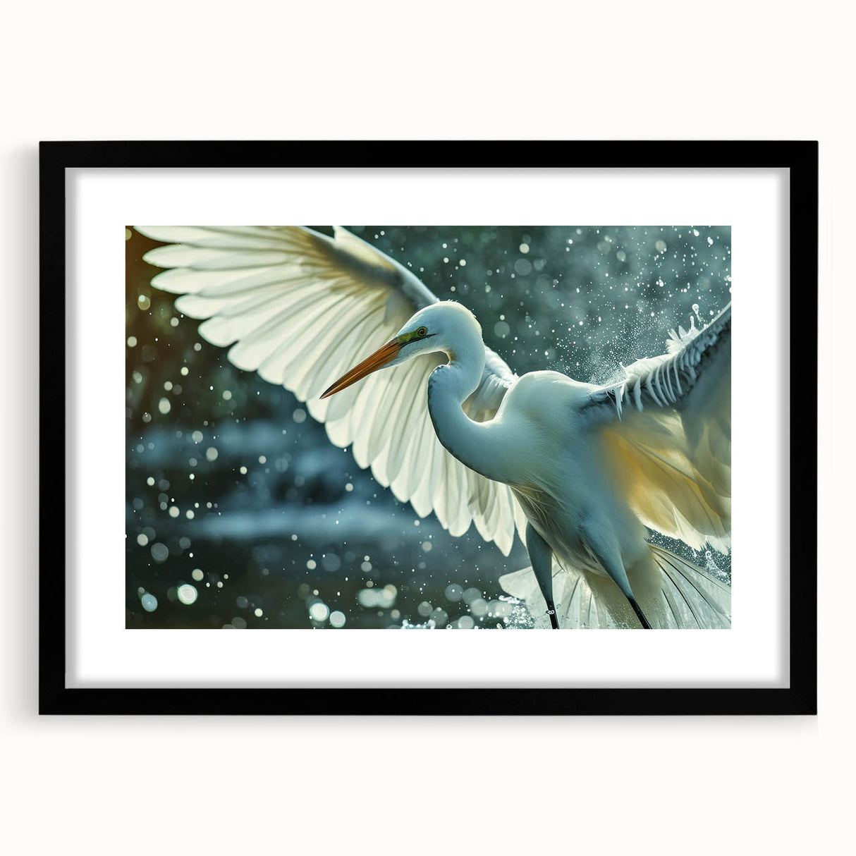 Framed wall art featuring a heron and egret design, set against a black mat, showcasing elegant bird silhouettes, perfect for modern home decor.
