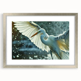 Framed wall art featuring elegant herons and egrets in a serene design, displayed in a sleek silver frame with a white mat, perfect for enhancing home decor.