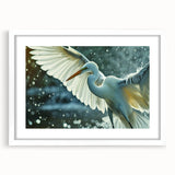 Framed wall art featuring a heron and egret design, showcased in a white mat with a sleek frame, ideal for enhancing home decor with nature-inspired elegance.