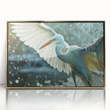 Framed wall art depicting elegant herons and egrets in a serene nature scene, featuring gold accents and an acrylic front, perfect for enhancing modern home decor.