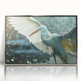 Framed wall art featuring a heron and egret design in elegant silver accents, showcasing a serene nature scene, perfect for enhancing modern home decor.