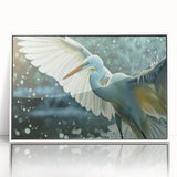 Framed wall art collection featuring elegant heron and egret designs in a contemporary style, displayed with a sleek white frame and acrylic glass front, perfect for modern home decor.