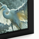 Framed canvas wall art featuring a close-up of elegant herons and egrets in a serene nature scene, showcasing intricate details and vibrant colors, ideal for home decor.