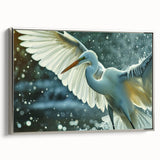 Framed wall art featuring a serene heron and egret design on textured canvas, set in a silver frame, perfect for enhancing home decor with nature-inspired elegance.
