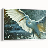 Framed wall art featuring a serene heron and egret design on a white background, showcasing delicate brush strokes and elegant colors, perfect for home decor.