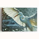 Stretched canvas wall art featuring a serene heron and egret design in soft blues and whites, perfect for enhancing home decor with a nature-inspired theme.