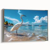 Framed wall art collection showcasing a serene heron and egret design on a canvas, featuring a silver frame and side view, perfect for enhancing modern decor.