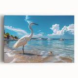 Elegant wall art design showcasing a heron and egret in a serene natural setting, printed on stretched canvas with vibrant colors, perfect for enhancing home decor.