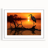 Framed wall art featuring a serene heron and egret design, set against a white mat, perfect for enhancing modern home decor with nature-inspired elegance.