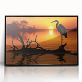 Framed wall art featuring a striking design of a heron and egret, presented in a sleek black frame, perfect for enhancing modern home decor with nature-inspired elegance.
