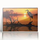 Framed wall art featuring a serene heron and egret design in soft colors, set in a sleek white frame, perfect for enhancing home decor with nature-inspired elegance.