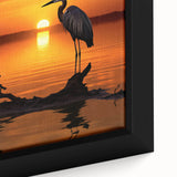 Close-up of a framed canvas wall art featuring a stunning heron and egret design, showcasing vibrant colors and intricate details, perfect for nature enthusiasts.