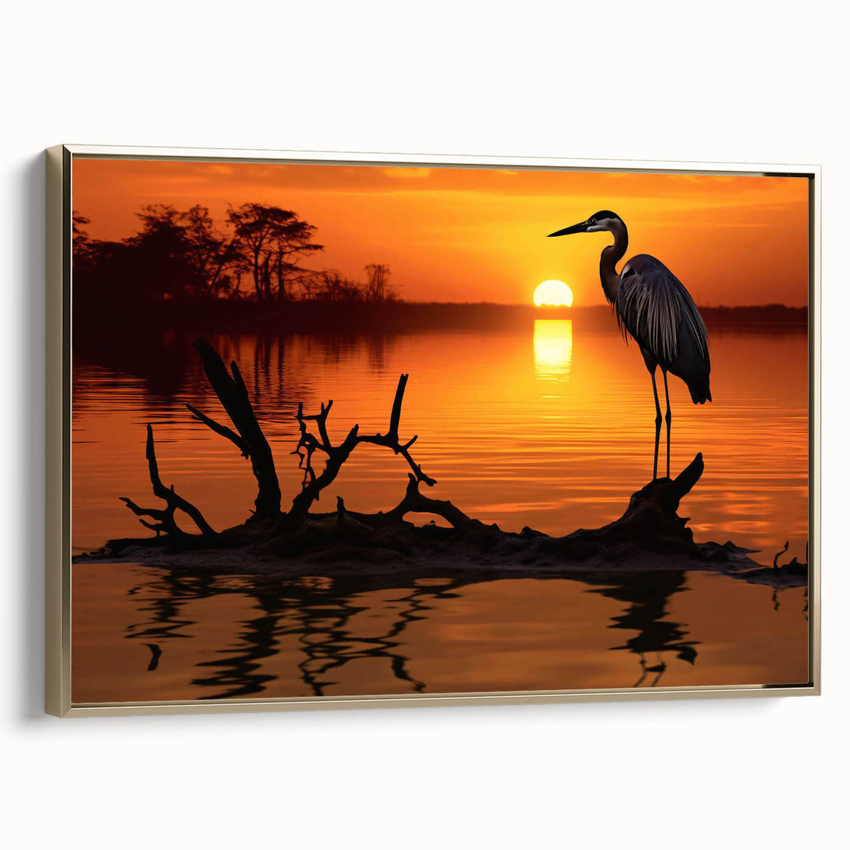 Framed wall art collection featuring a heron and egret design on canvas, showcasing elegant gold accents and a side view perspective, perfect for nature-themed decor.