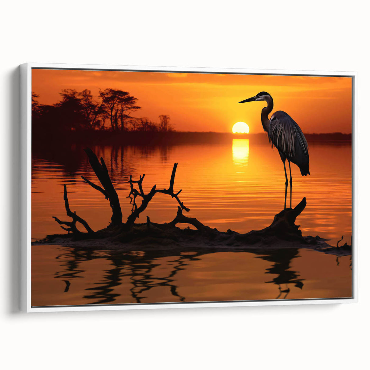 Framed wall art featuring a serene design of a heron and egret in a natural setting, showcasing soft colors against a white background, perfect for home decor.