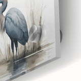 Close-up of a vibrant wall art design featuring a heron and egret amidst a colorful abstract background, printed on acrylic glass for a striking visual effect.