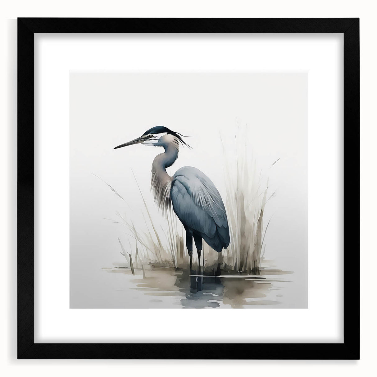 Framed wall art design featuring a serene heron and egret scene, set against a black mat, perfect for enhancing modern home decor with nature-inspired elegance.