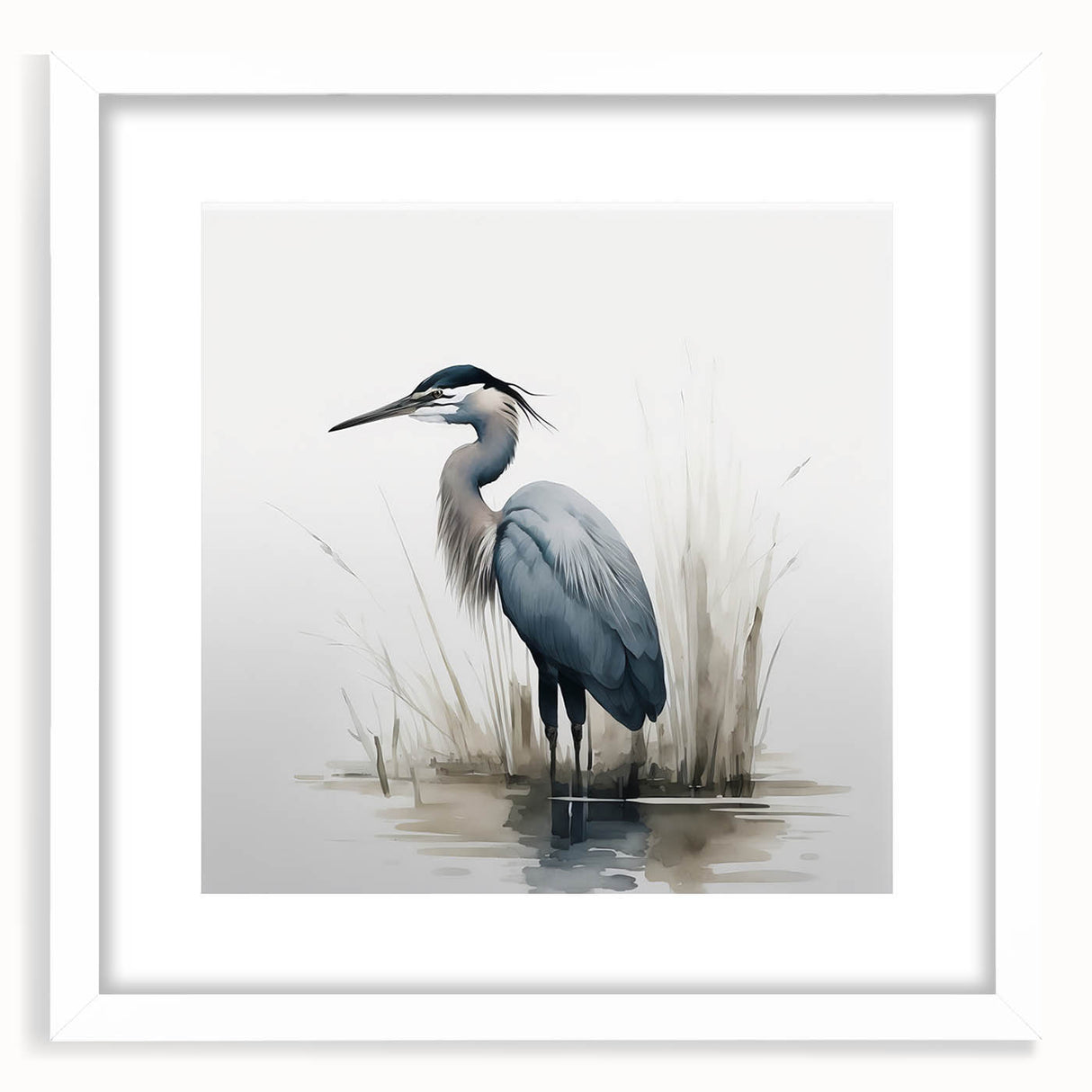 Elegant wall art featuring a framed heron and egret design in a white mat, showcasing beautiful bird illustrations perfect for enhancing home decor.