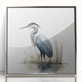Framed wall art showcasing a heron and egret design in a silver acrylic frame, featuring elegant bird illustrations on a textured background, ideal for nature-inspired decor.