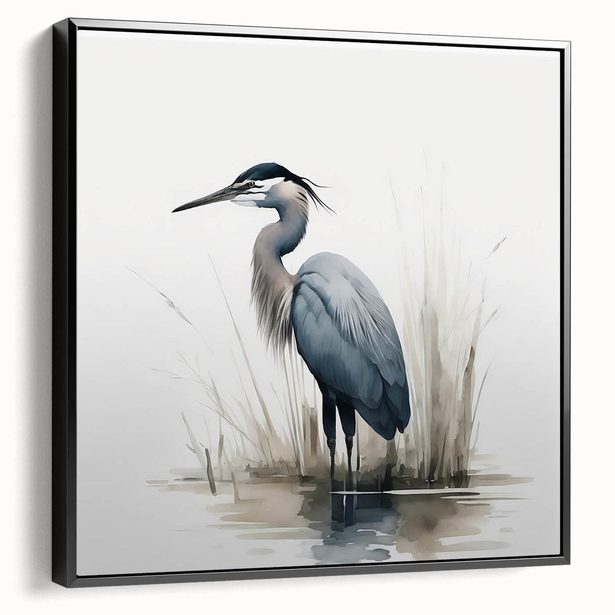 Framed wall art featuring a striking black heron and egret design on a vibrant canvas, showcased from a side view, perfect for enhancing modern home decor.