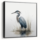 Framed wall art featuring a striking black heron and egret design on a vibrant canvas, showcased from a side view, perfect for enhancing modern home decor.