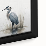 Close-up of a beautifully framed canvas wall art featuring a heron and egret design, showcasing vibrant colors and intricate details, ideal for nature-inspired decor.