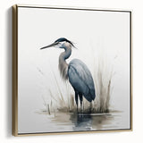 Framed wall art featuring a gold-accented design of a heron and egret, showcasing elegant birds in a serene natural setting, ideal for home decor enhancement.