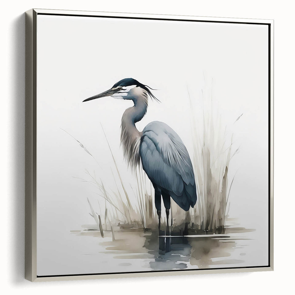 Framed wall art featuring a silver heron and egret design on canvas, showcasing intricate details and vibrant colors, ideal for enhancing modern decor.
