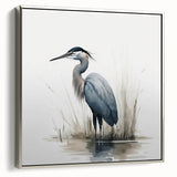 Framed wall art featuring a silver heron and egret design on canvas, showcasing intricate details and vibrant colors, ideal for enhancing modern decor.
