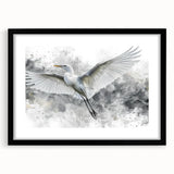 Framed wall art showcasing a serene heron and egret design, featuring a stylish black frame and mat, perfect for enhancing home decor with nature-inspired elegance.