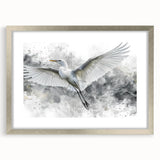 Elegant wall art featuring a silver-framed design of herons and egrets, showcasing intricate details and vibrant colors, perfect for enhancing any decor.