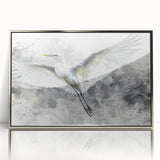 Framed wall art featuring a heron and egret design in an elegant silver frame, showcasing intricate details and vibrant colors, perfect for modern home decor.