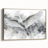 Framed wall art featuring a side view of a heron and egret design, showcasing intricate details and a gold frame, perfect for modern home decor.