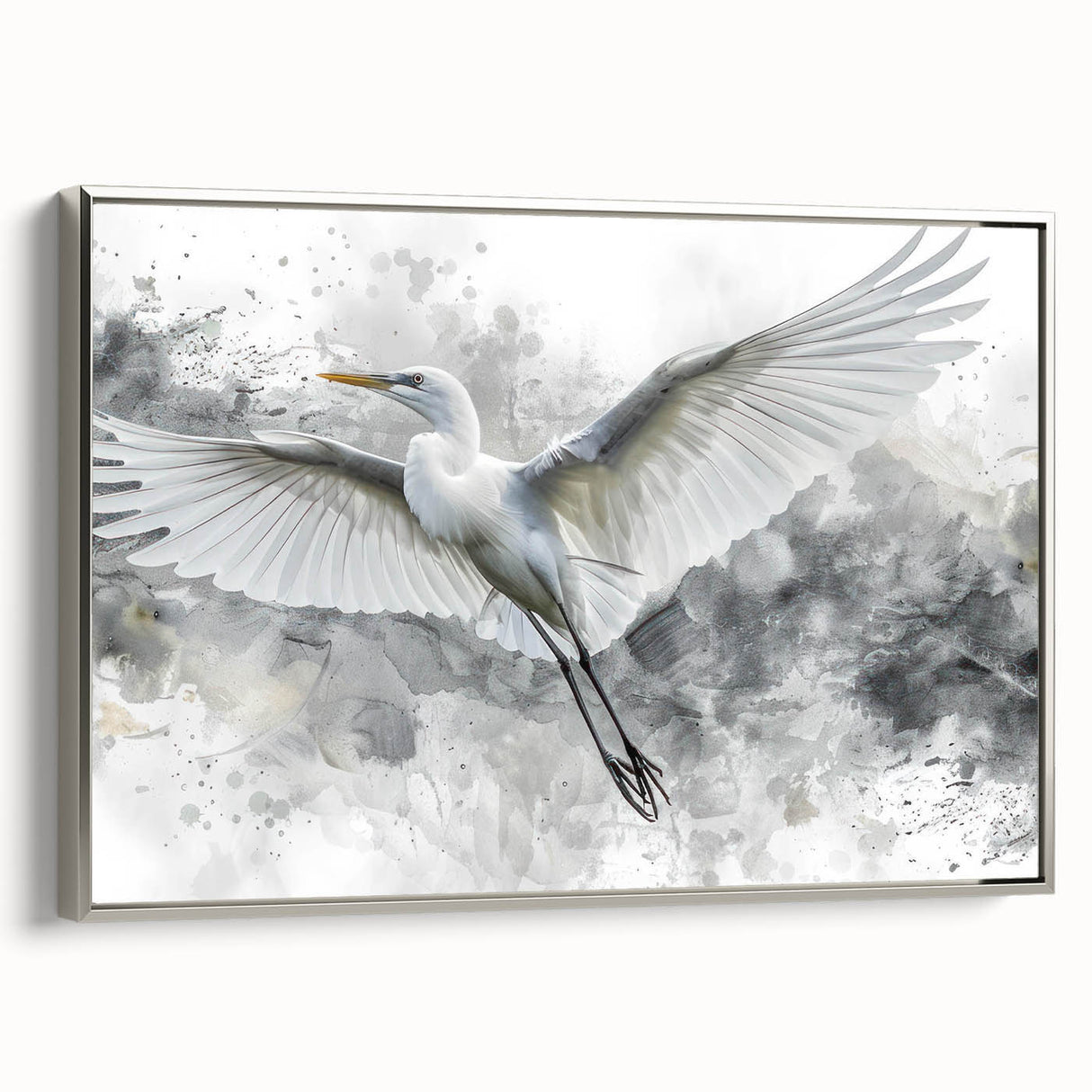 Framed wall art collection showcasing a heron and egret design in silver tones, presented from a side view, highlighting the elegant birds in a serene setting.