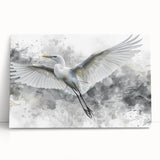 Stretched canvas featuring a serene heron and egret design in soft pastel colors, perfect for home decor, leaning against a textured wall for a stylish display.