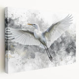 Stretched canvas wall art showcasing a serene heron and egret design in soft pastel colors, perfect for enhancing home decor with a nature-inspired aesthetic.